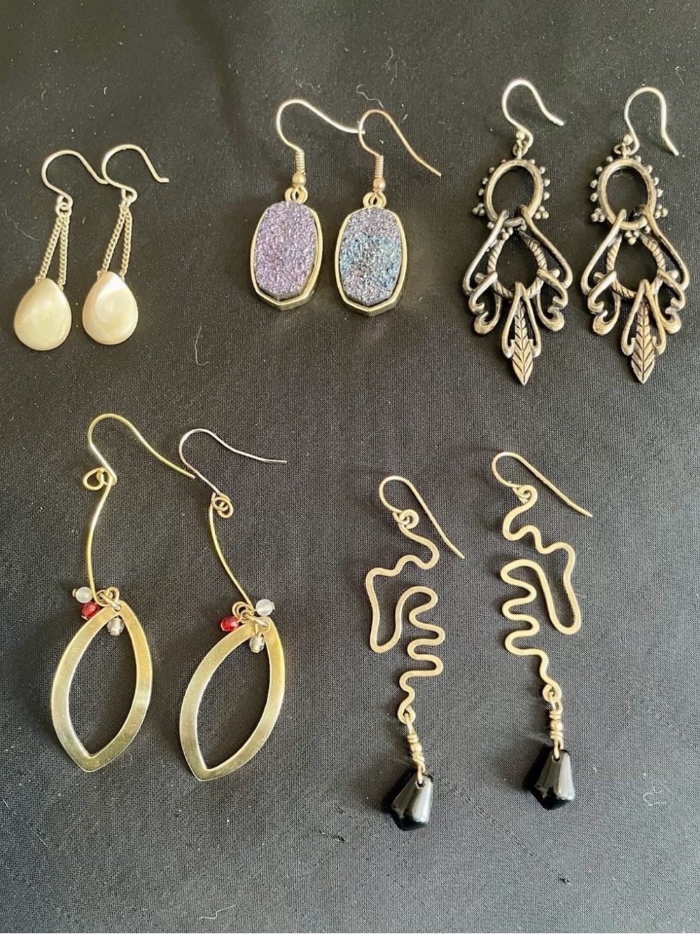 Women’s Contemporary Drop Earring lot— Gold, Black, Pearl, Purple, Red